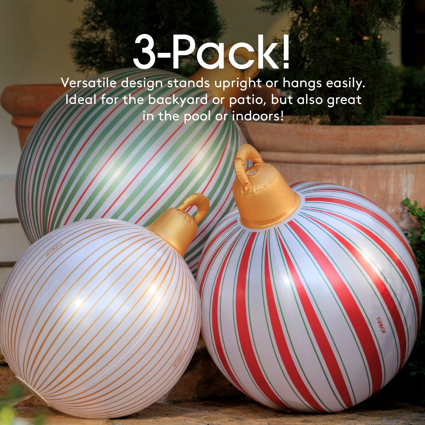 Three striped balls with a decorative top, ideal for outdoor use.