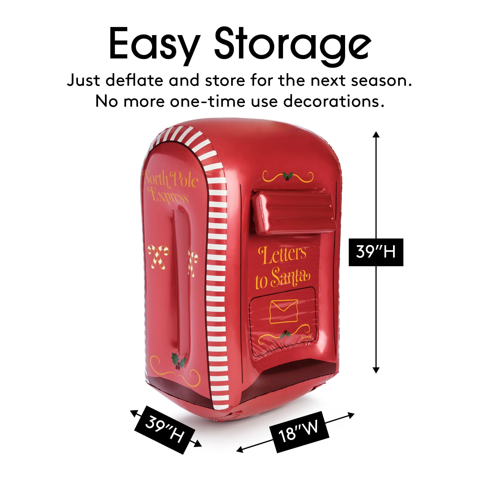 Red inflatable mailbox with storage instructions and dimensions on a white background
