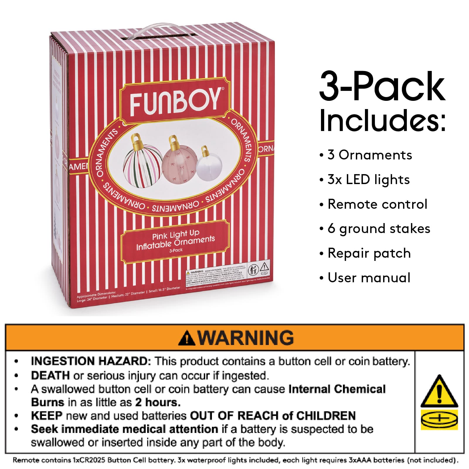 3 Pack includes: 3 ornaments, 3x LED Lights, Remote control, 6 ground stakes, repair patch, user manual