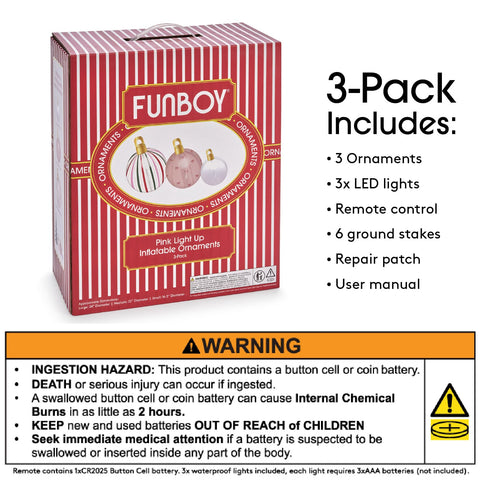 3 Pack includes: 3 ornaments, 3x LED Lights, Remote control, 6 ground stakes, repair patch, user manual