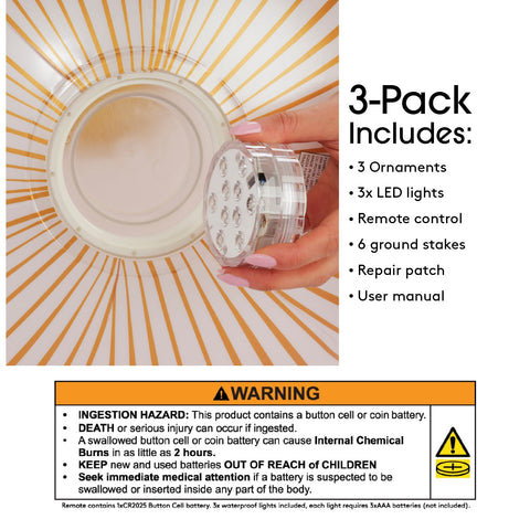 3 Pack includes: 3 ornaments, 3x LED Lights, Remote control, 6 ground stakes, repair patch, user manual