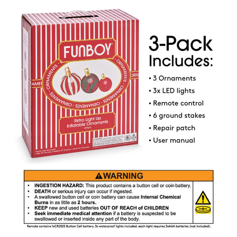 3 Pack includes: 3 ornaments, 3x LED Lights, Remote control, 6 ground stakes, repair patch, user manual