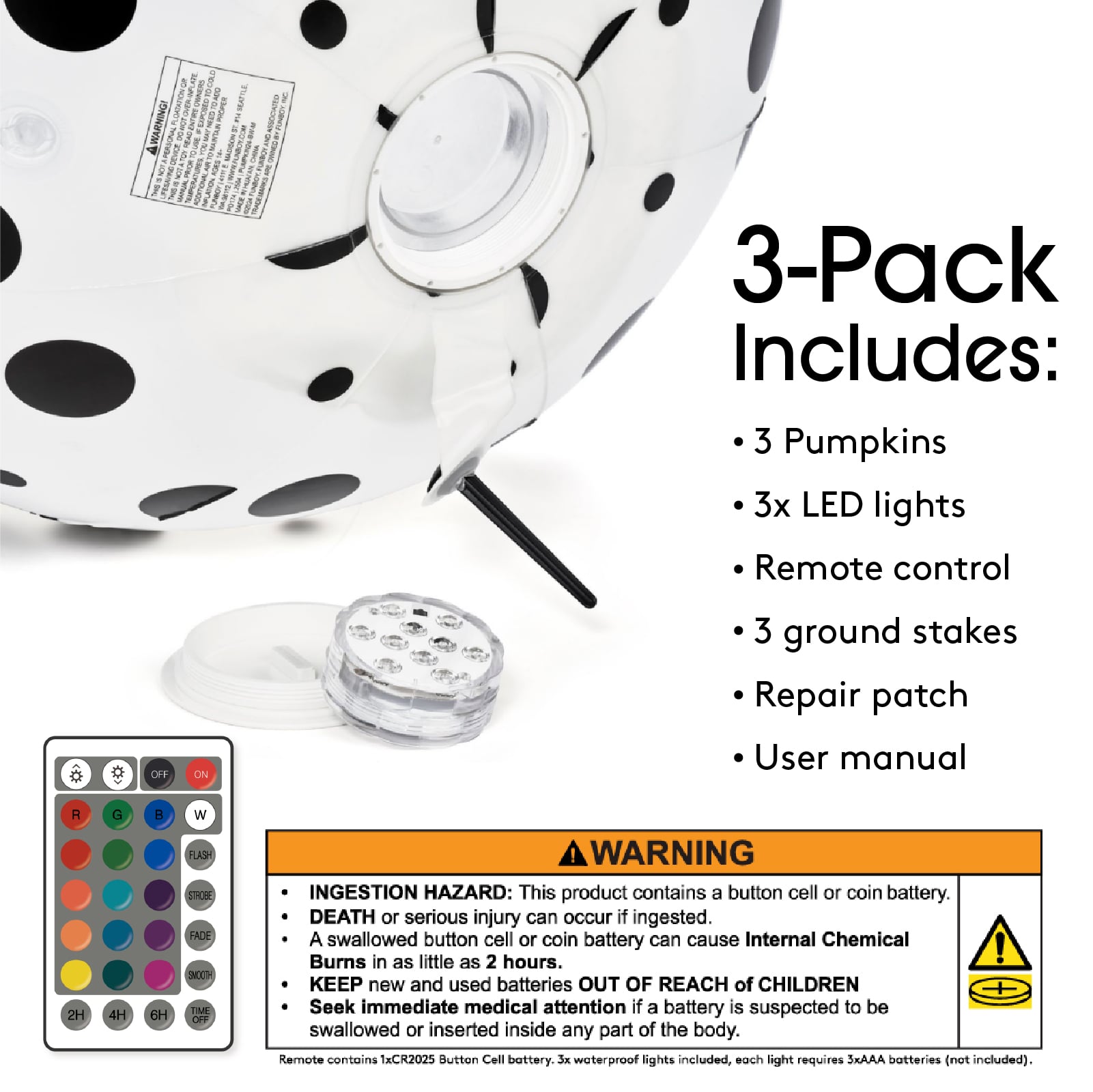 3-pack includes: 3 Pumpkins, 3x LED lights, Remote control, 3 ground stakes, repair patch, user maual
