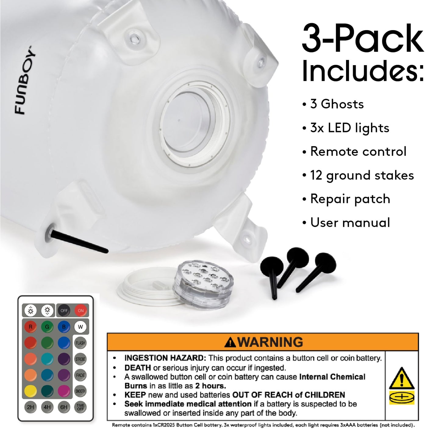 Inflatable Halloween Decorations - Standing Light up ghost 3-pack
3-pack includes:
3 ghosts, 3x LED lights, remote control, 12 ground stakes, repair patch, user manual