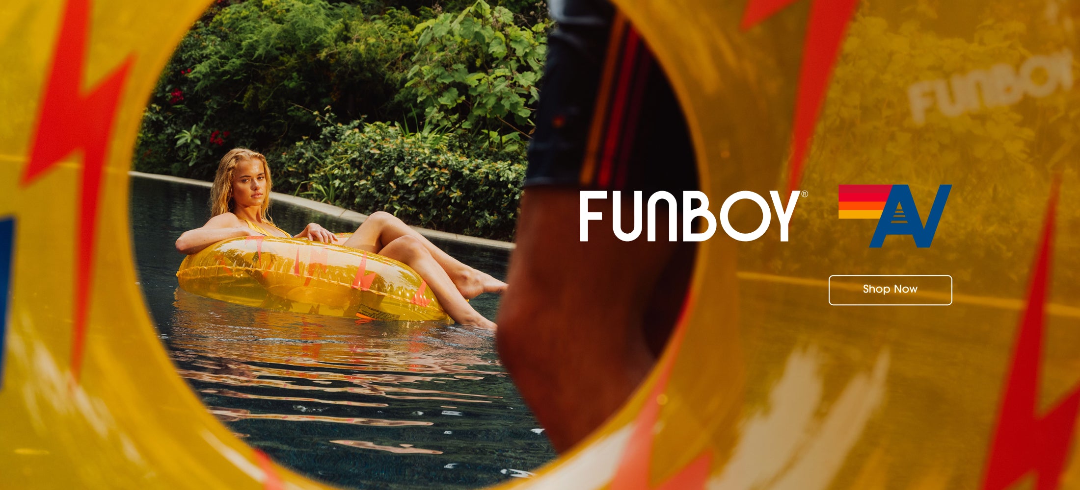 Person floating on a yellow inner tube with Funboy and AV logos in the foreground.