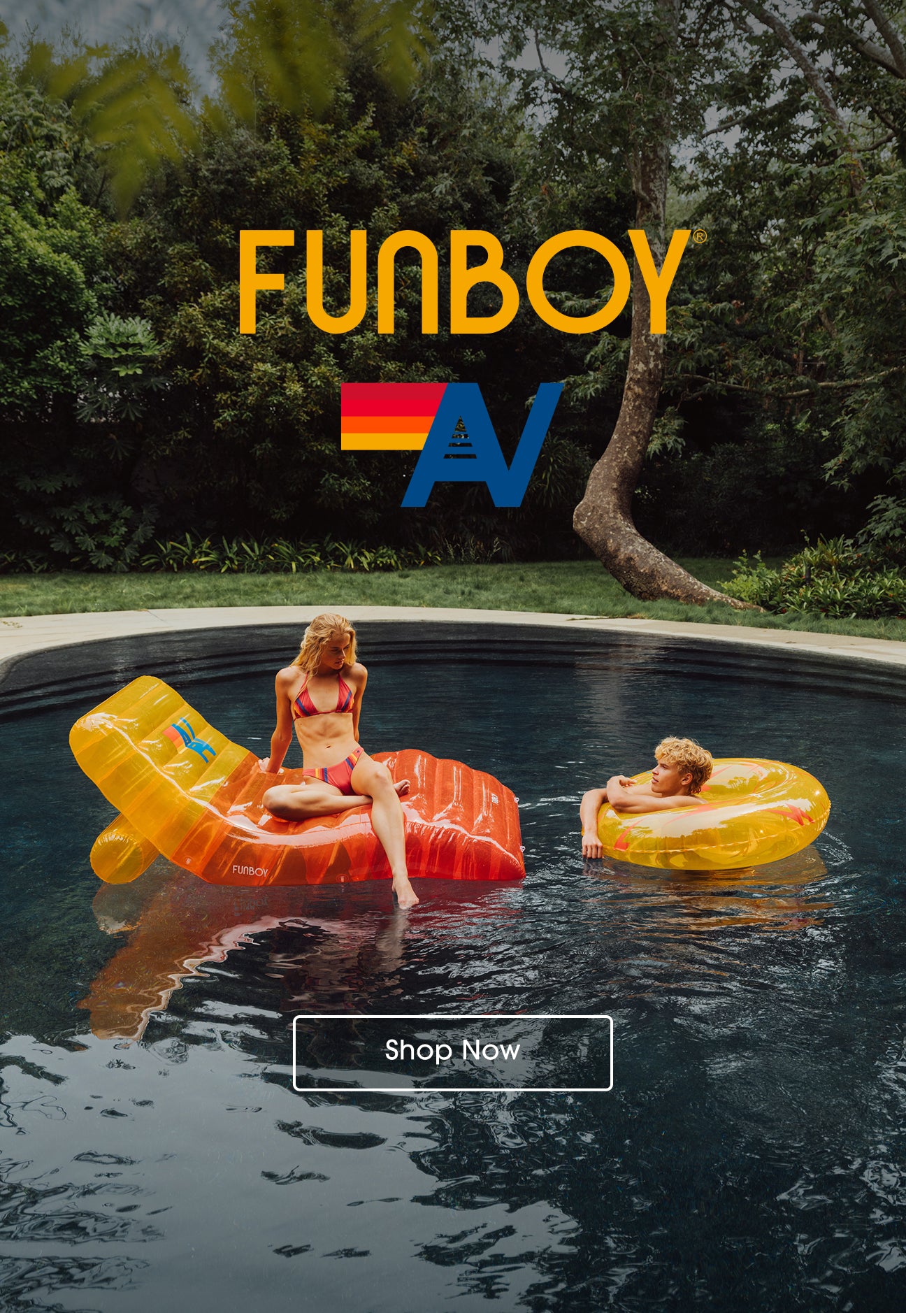 Two people on inflatable rafts in a pool with 'Funboy' branding.