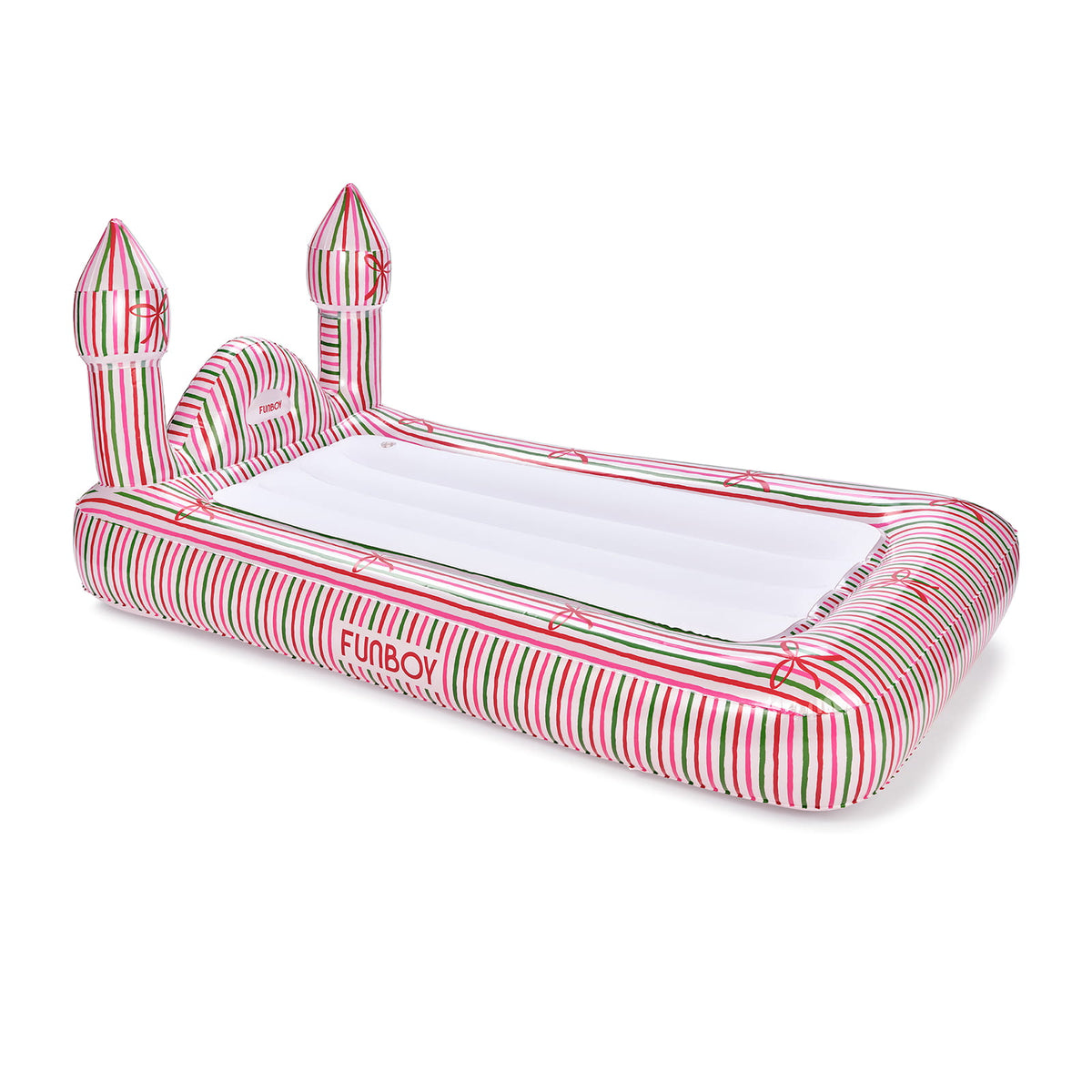 An inflatable pool float bed with a castle theme, featuring a white center pad and pink, red, and green striped sides and towers. The brand name 'Funboy' is printed on the side.