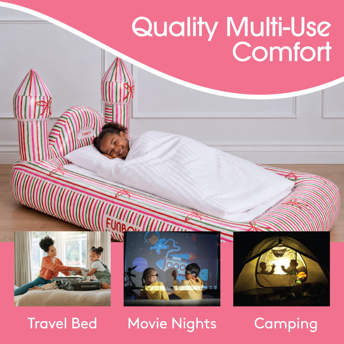 An inflatable castle-shaped bed with pink, white, and green stripes, shown with a child lying down under a white duvet. The image includes promotional text reading 'Quality Multi-Use Comfort' and three smaller inset photos showing use cases: 'Travel Bed,' 'Movie Nights,' and 'Camping.