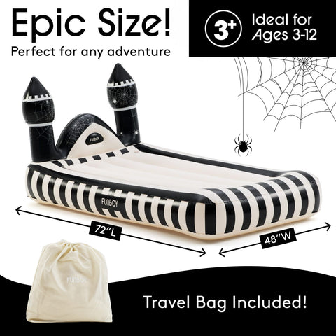 Castle-themed inflatable pool bed with black and white stripes, two black turrets, dimension arrows showing 72"L by 48"W, a small cream travel bag, and promotional text including 'Epic Size!' and 'Travel Bag Included!'.