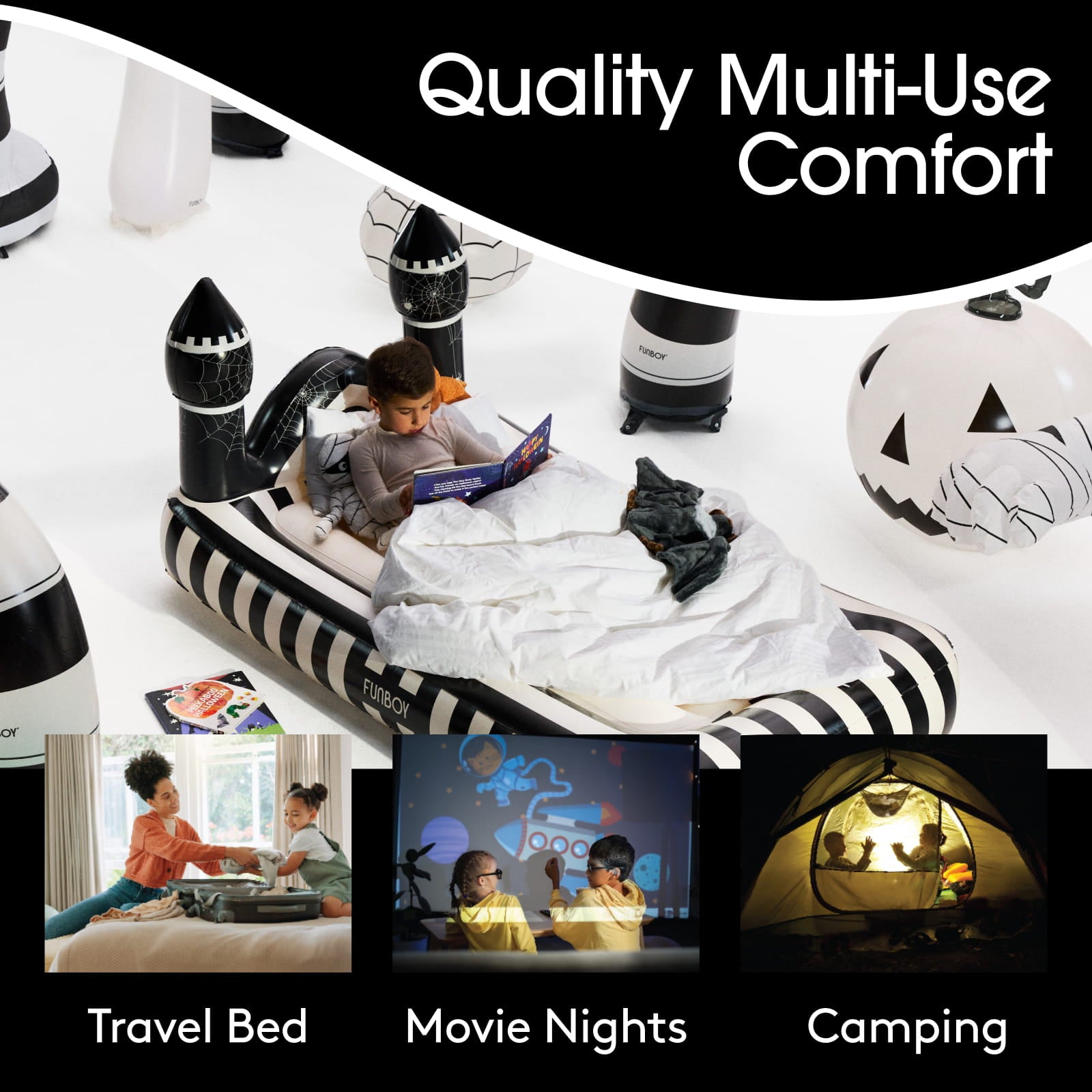 An inflatable zebra-striped travel bed with rocket-shaped pillows is shown with a child reading under white bedding in a white studio setting. The image includes large text reading 'Quality Multi-Use Comfort' and three smaller lifestyle inset scenes labeled 'Travel Bed,' 'Movie Nights,' and 'Camping,' showing the bed used as a movie projector screen and as a camping tent.