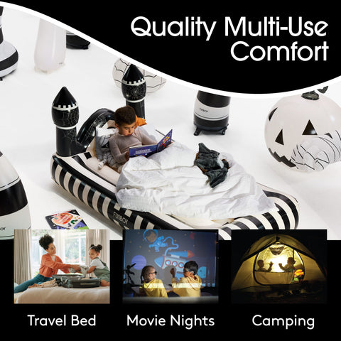 An inflatable zebra-striped travel bed with rocket-shaped pillows is shown with a child reading under white bedding in a white studio setting. The image includes large text reading 'Quality Multi-Use Comfort' and three smaller lifestyle inset scenes labeled 'Travel Bed,' 'Movie Nights,' and 'Camping,' showing the bed used as a movie projector screen and as a camping tent.