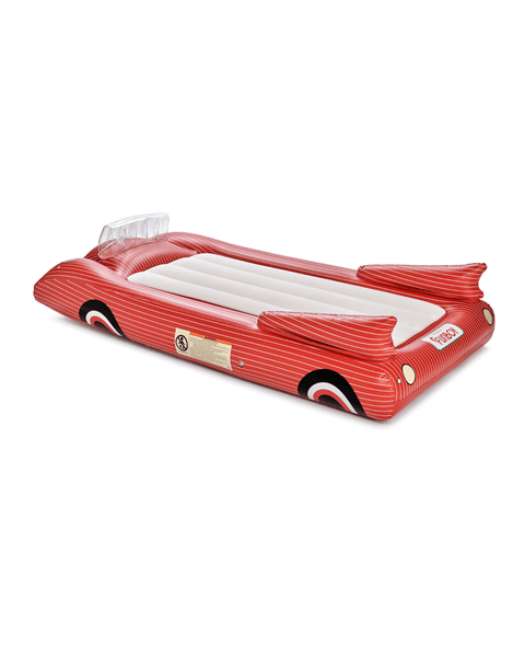 Red and white inflatable air mattress shaped like a classic car on a white background