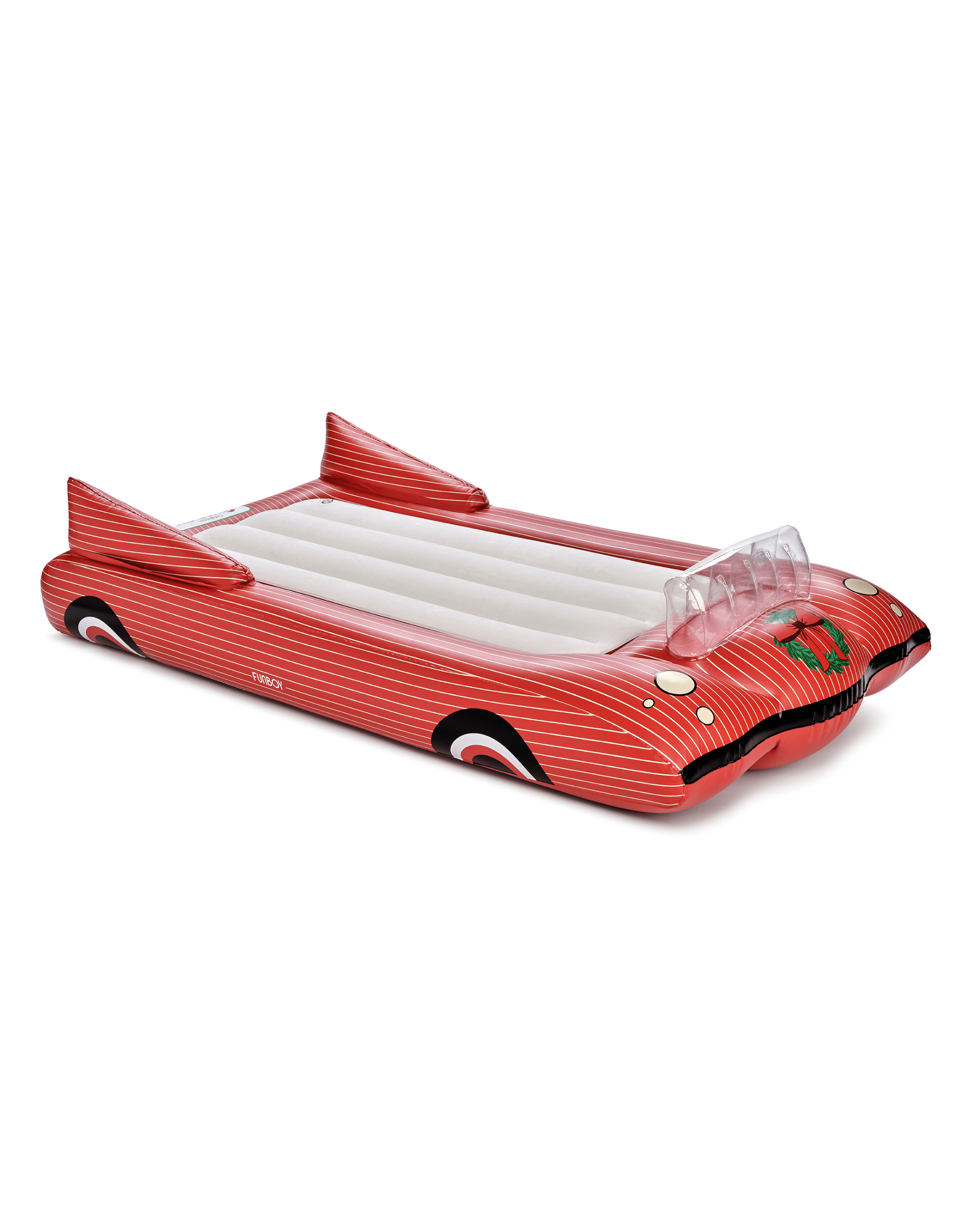 Inflatable air mattress sleepover bed shaped like a red car on a white background