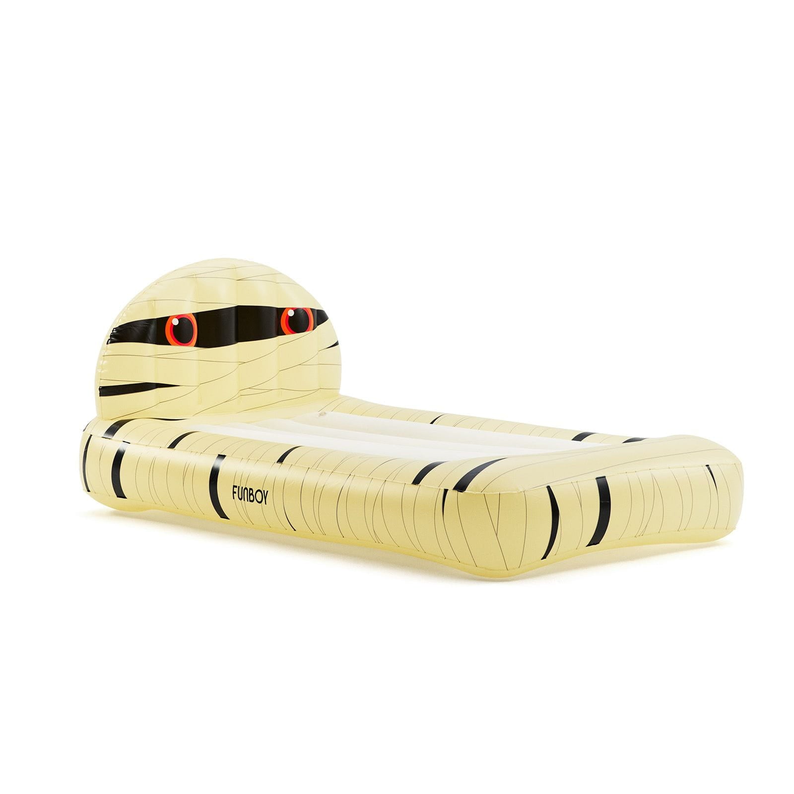 An inflatable mummy-themed pool float bed on a clean white background. The float is designed to look like bandaged mummy skin in pale yellow and beige, with black wrappings and red-and-black eye details on the headrest.
