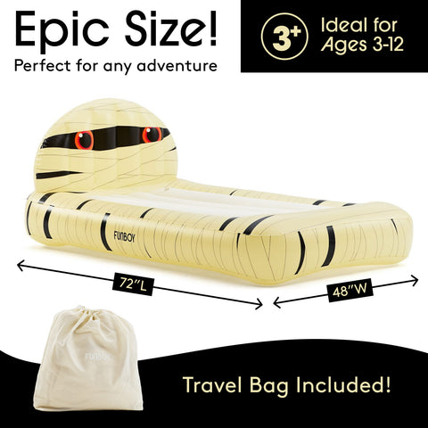 An inflatable mummy bed with a headrest and striped wrap design, shown on a white background with text reading 'Epic Size!' and 'Ideal for Ages 3-12'. Dimension arrows indicate 72" L by 48" W.
