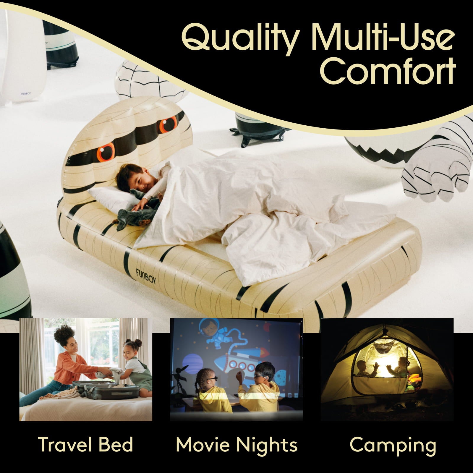 An inflatable snake-shaped travel bed with a child sleeping underneath, shown in a clean studio setting with promotional text reading 'Quality Multi-Use Comfort' and three smaller lifestyle panels labeled 'Travel Bed,' 'Movie Nights,' and 'Camping.'.
