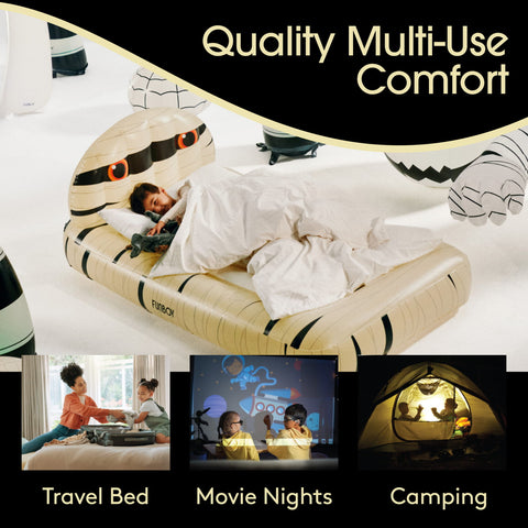 An inflatable snake-shaped travel bed with a child sleeping underneath, shown in a clean studio setting with promotional text reading 'Quality Multi-Use Comfort' and three smaller lifestyle panels labeled 'Travel Bed,' 'Movie Nights,' and 'Camping.'.