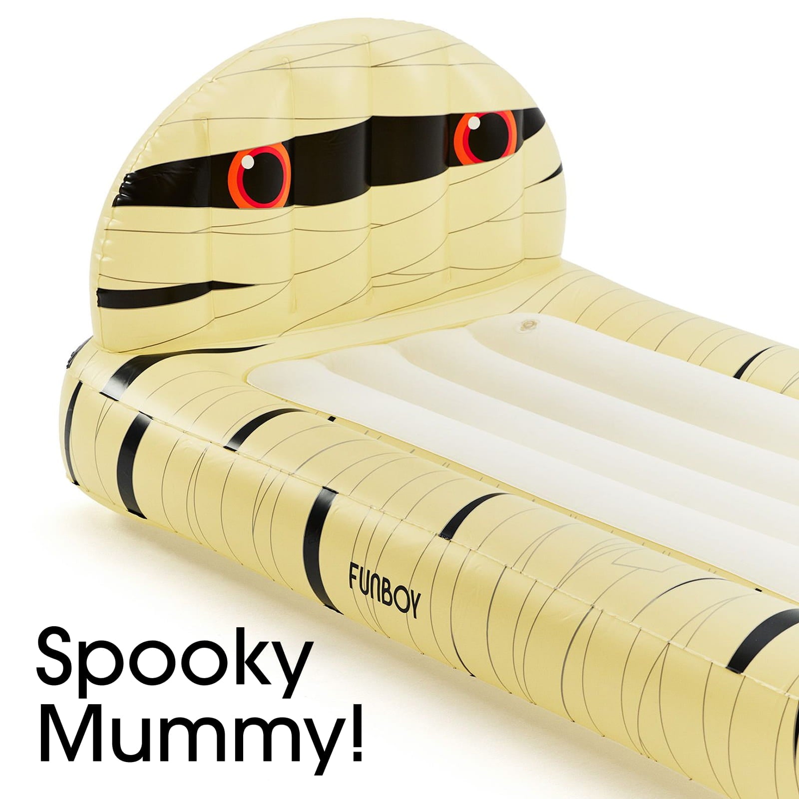 Inflatable mummy pool float with a pale yellow body, black bandage-style stripes, and red eyes, shown on a white background with the text 'Spooky Mummy!' in the lower left.