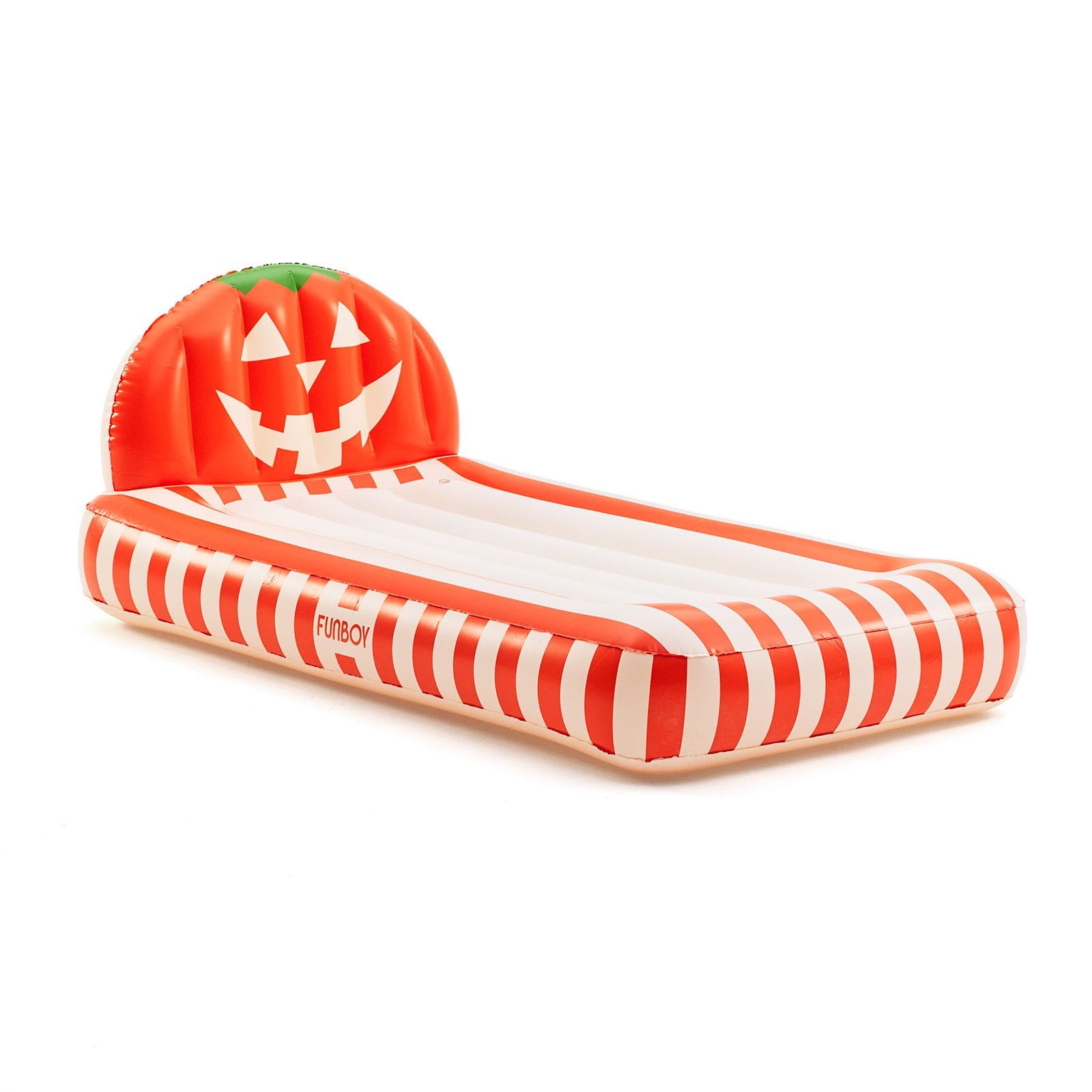 An inflatable pool float bed shaped like a jack-o'-lantern pumpkin, featuring a carved orange pumpkin headrest with a green stem and a white-and-orange striped body, shown on a plain white background.