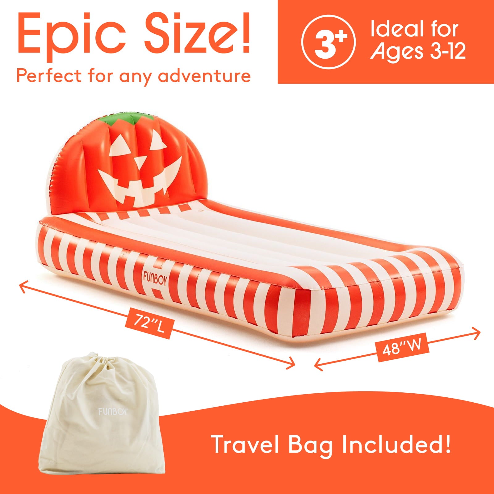 An inflatable pool float bed with a Halloween pumpkin headrest and red-and-white striped body, shown on a white background with orange promotional text, size arrows (72" L x 48" W), and a small cream drawstring travel bag labeled FUNKSHO.