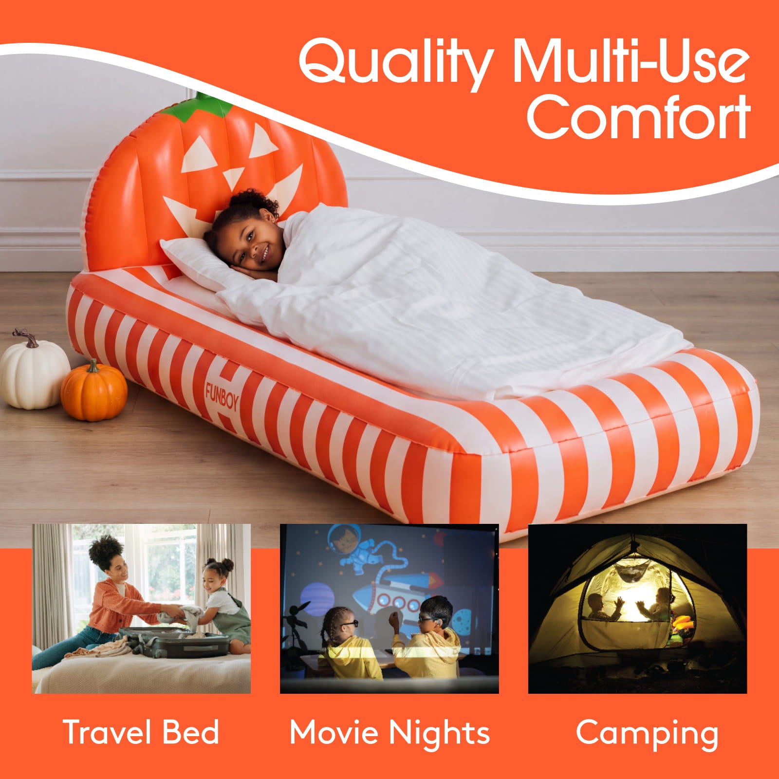 An inflatable camping bed designed like a pumpkin, featuring orange and white stripes and a carved pumpkin headrest. A child is shown sleeping on the bed, which is set in a bedroom.