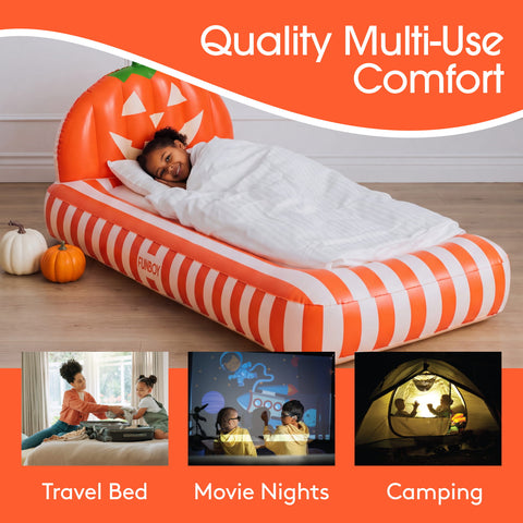 An inflatable camping bed designed like a pumpkin, featuring orange and white stripes and a carved pumpkin headrest. A child is shown sleeping on the bed, which is set in a bedroom.