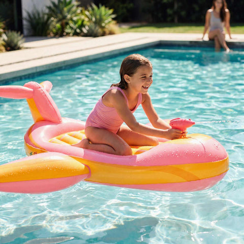 Girl playing on a pink and yellow inflatable Barbie pool toy in a swimming pool.