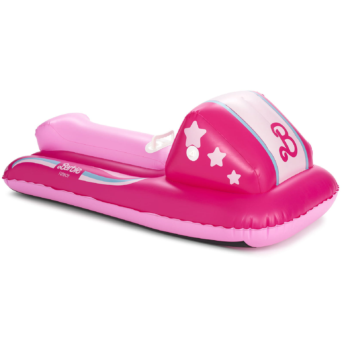An inflatable pool float designed like a ride-on toy, featuring a bright pink body, a white hood with pink stars and a pink 'B' logo, and light blue accent stripes, shown on a white background.