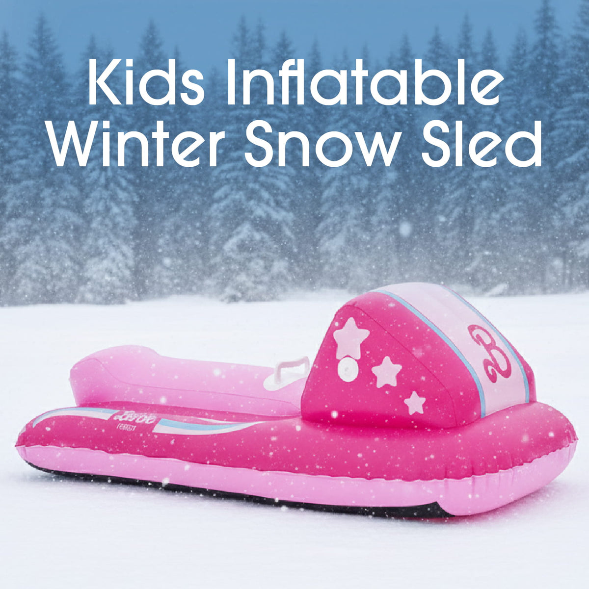 A pink inflatable kids' snow sled shown in a snowy outdoor scene with pine trees in the background. Large white text at the top reads 'Kids Inflatable Winter Snow Sled'.