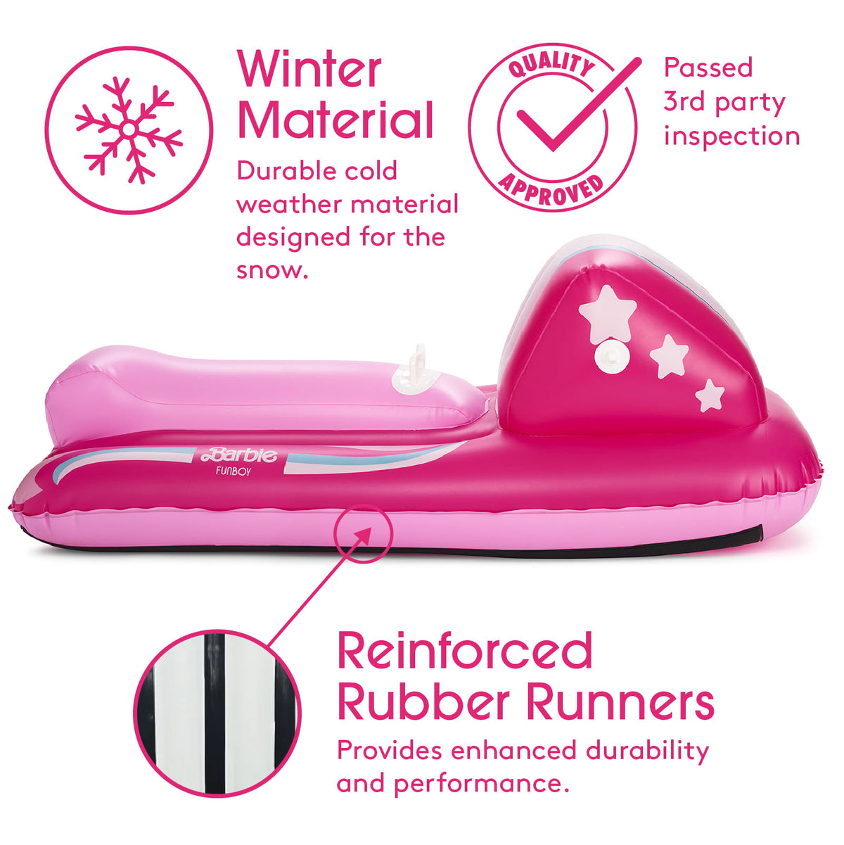 Pink inflatable snowmobile float on a white background with promotional text and callout graphics highlighting winter material, quality approval, and reinforced rubber runners.