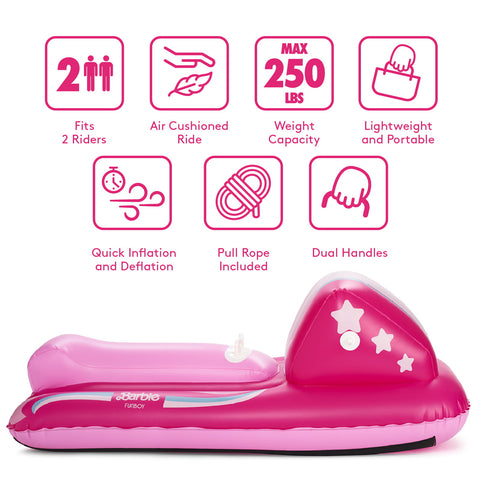 A pink inflatable pool float shaped like a small vehicle or ride-on toy, shown on a white background with pink feature icons and text above it. The float has star cutouts on the side, a small white brand mark reading Barbie Pool Party, and a black floor pad.
