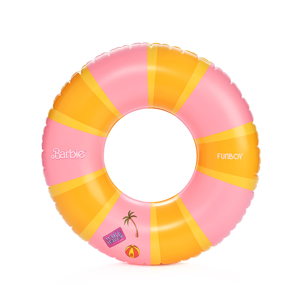 Pink and orange inflatable ring with Barbie and Funboy branding on a white background