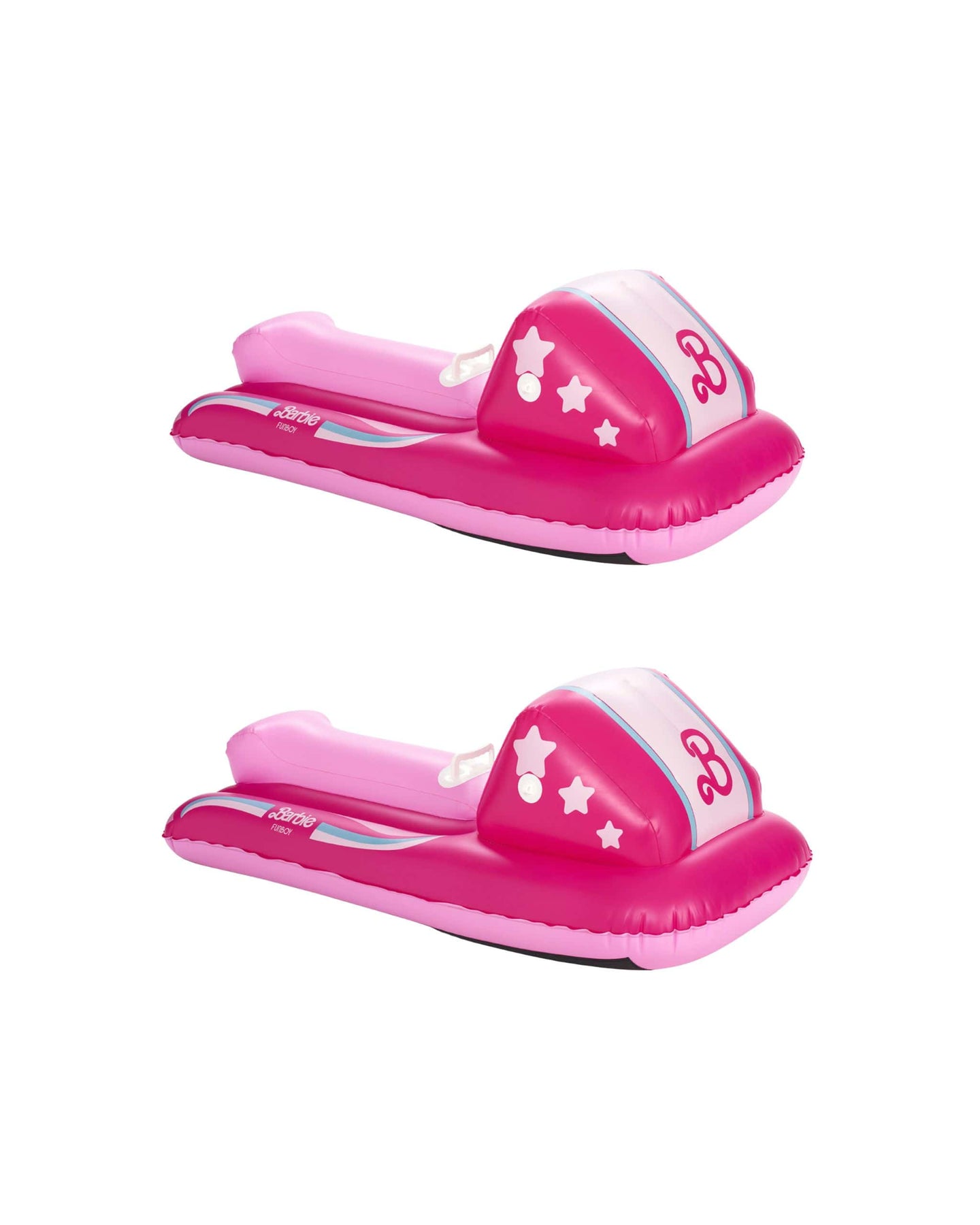 Two pink inflatable slides with star designs on a white background