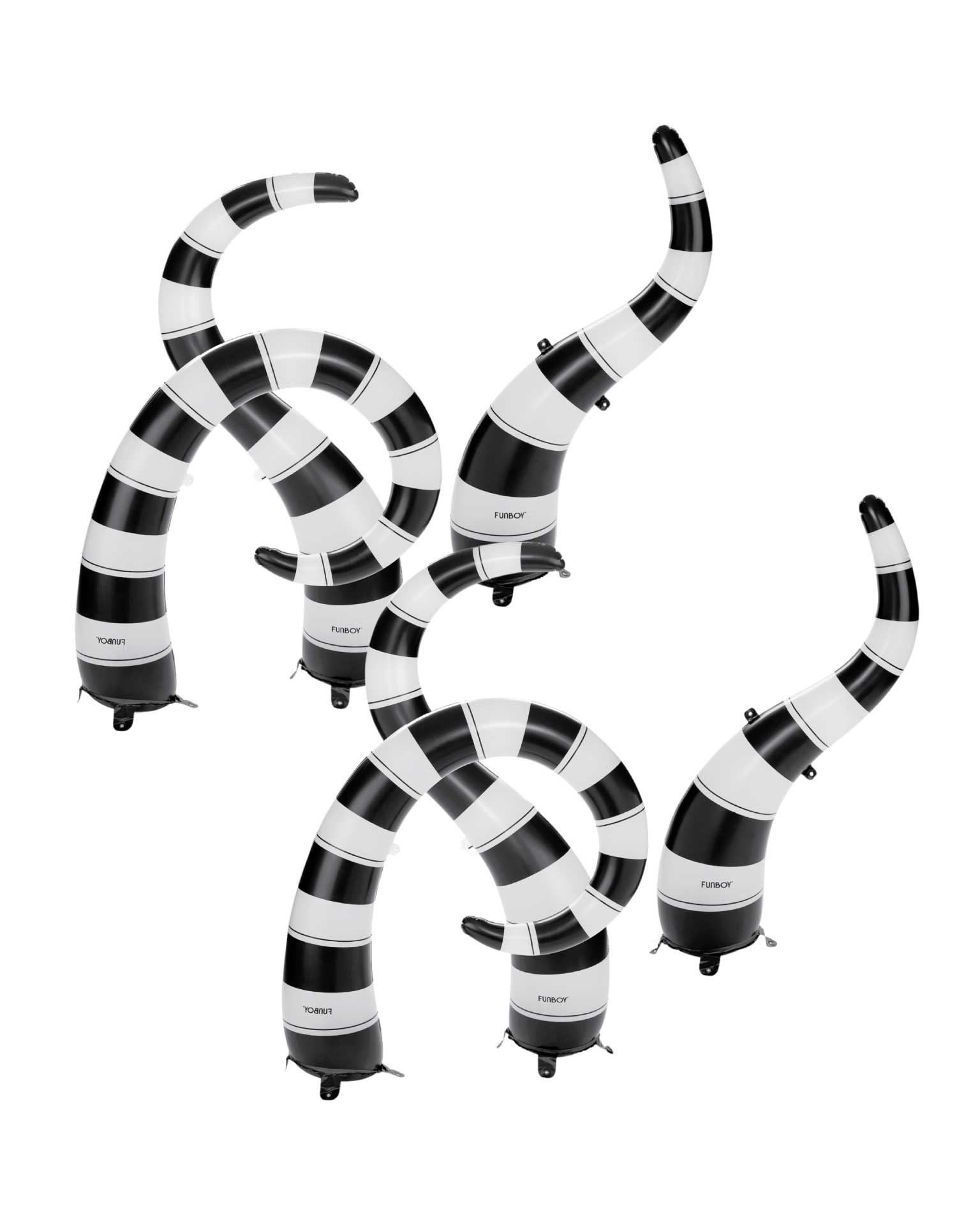 Set of inflatable black and white striped serpents on a white background
