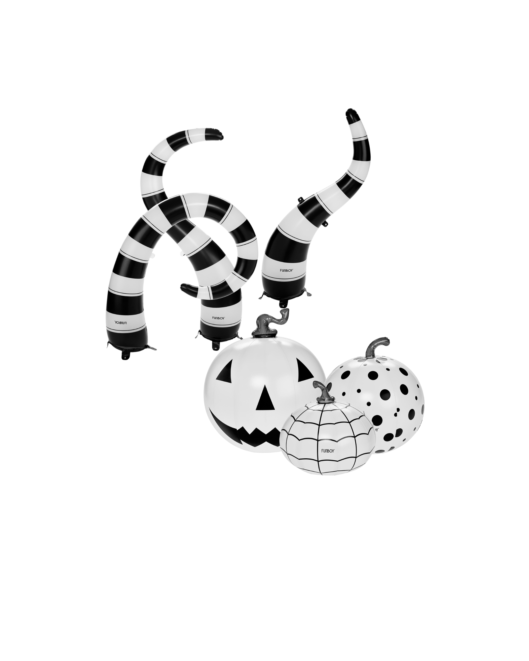 Halloween-themed inflatable with black and white striped design, pumpkins, and spider web on a white background.