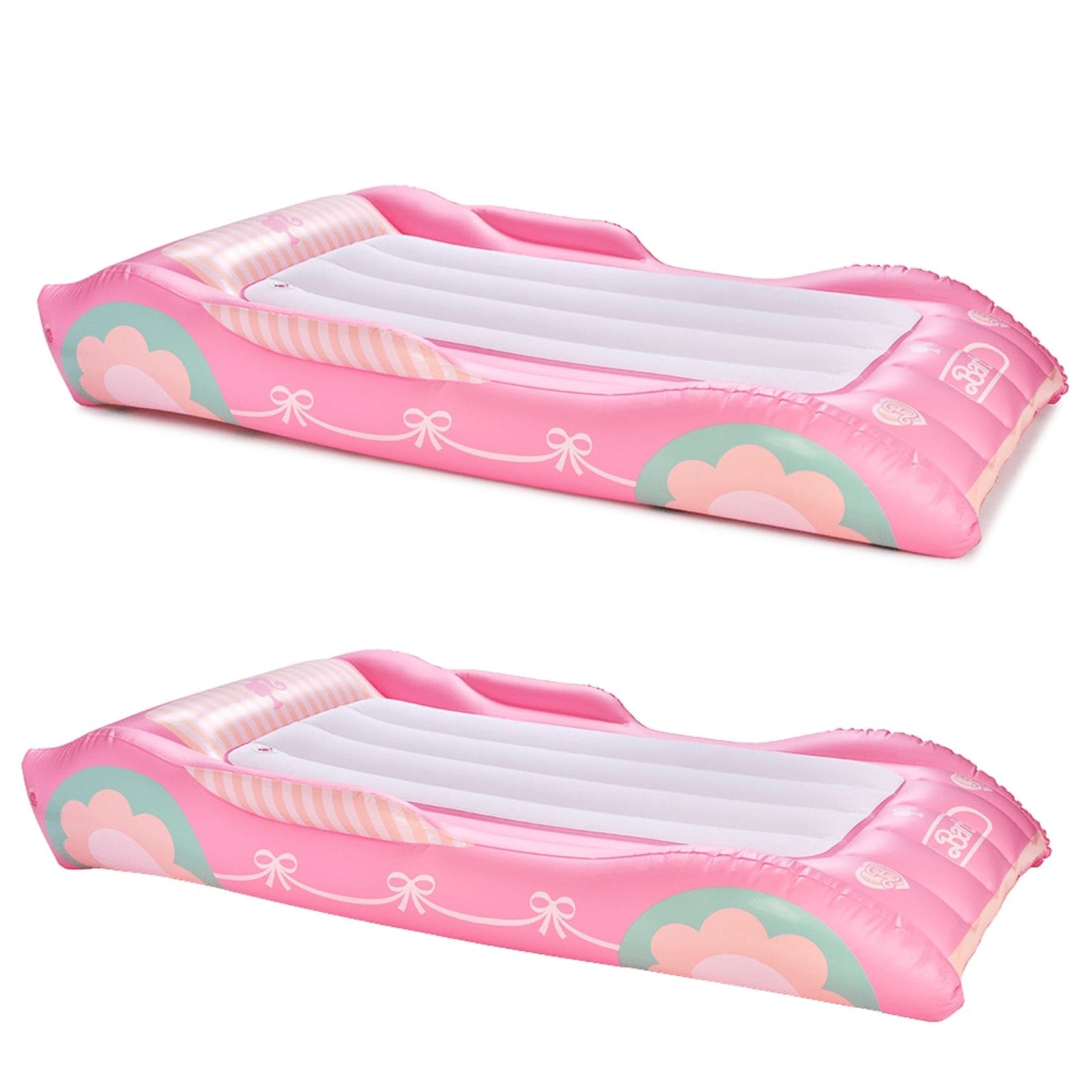 Two pink inflatable pool floats with bow designs on a white background