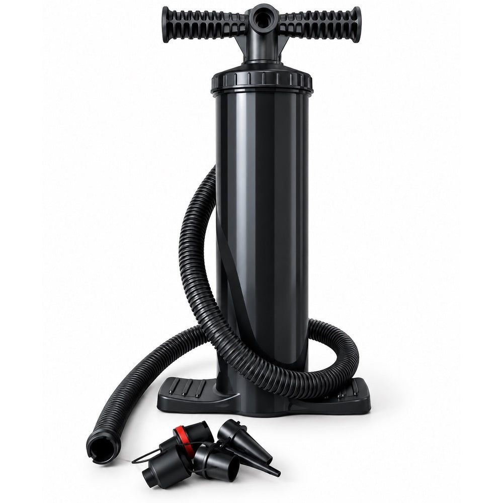 A black manual air pump with a T-handle, flexible corrugated hose, and three nozzle attachments on a plain white background.