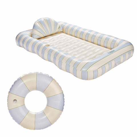 Inflatable pool float with striped design and round ring on a white background