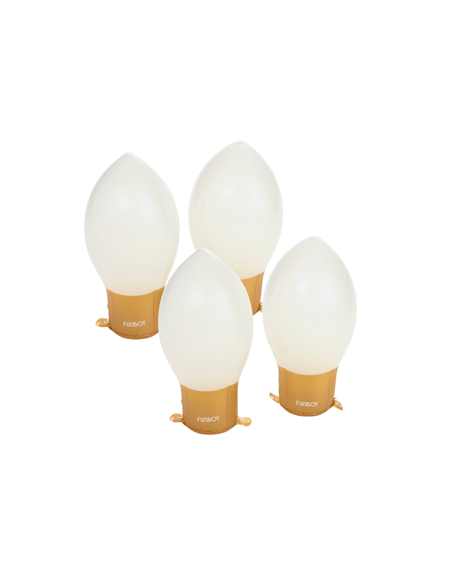 Four white light bulbs with gold bases on a white background