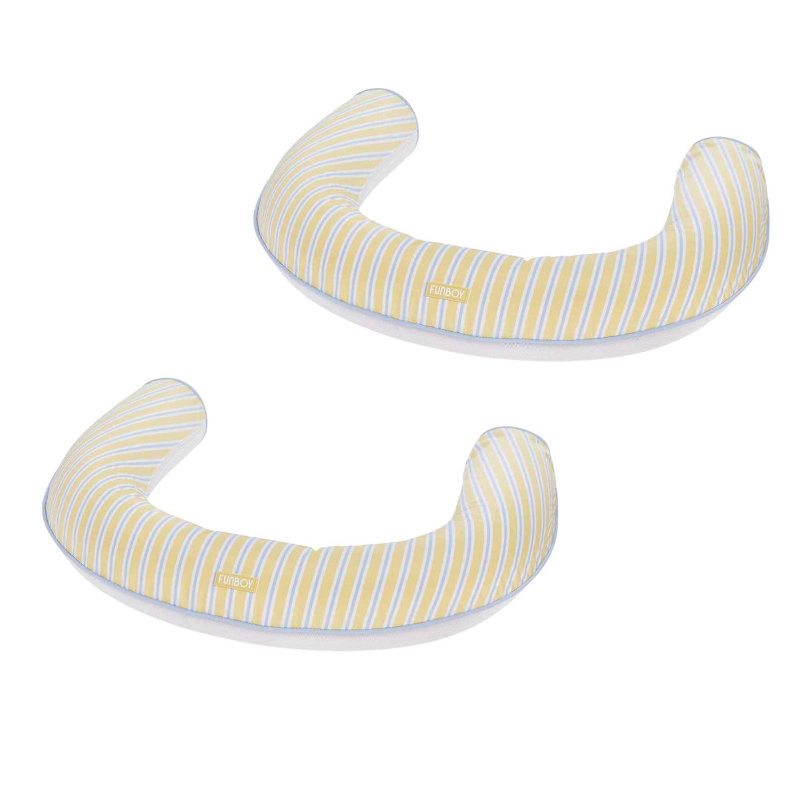 Two yellow and white striped pool noodles on a white background