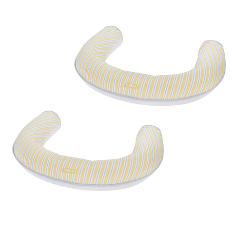 Two yellow and white striped pool noodles on a white background