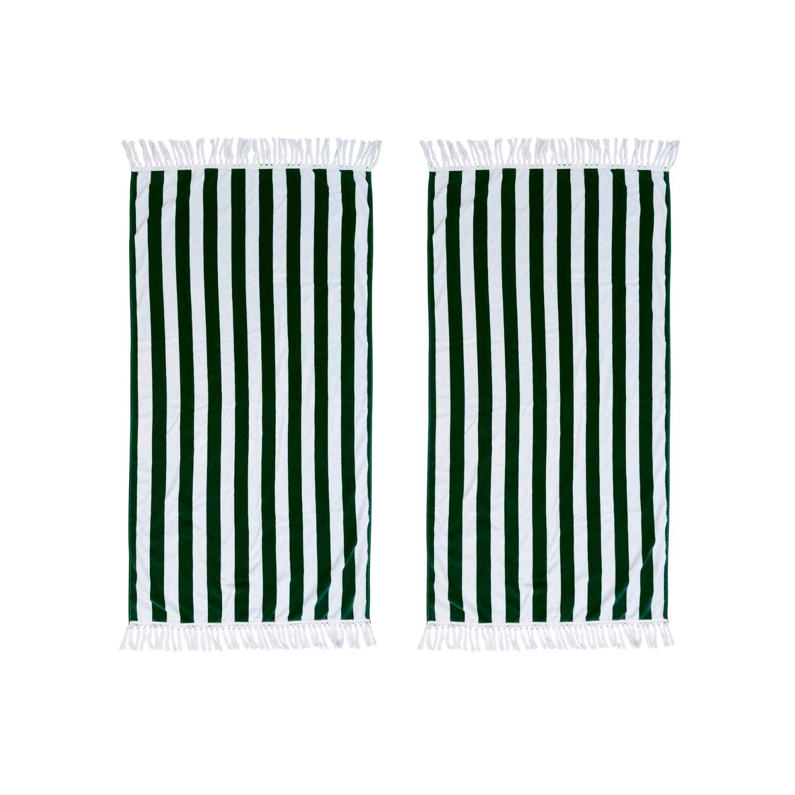 Two green and white striped towels with fringes on a white background
