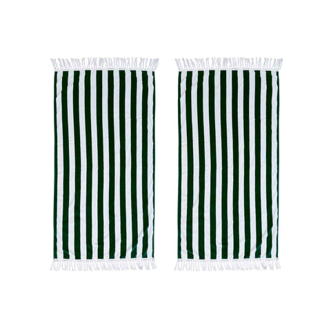 Two green and white striped towels with fringes on a white background