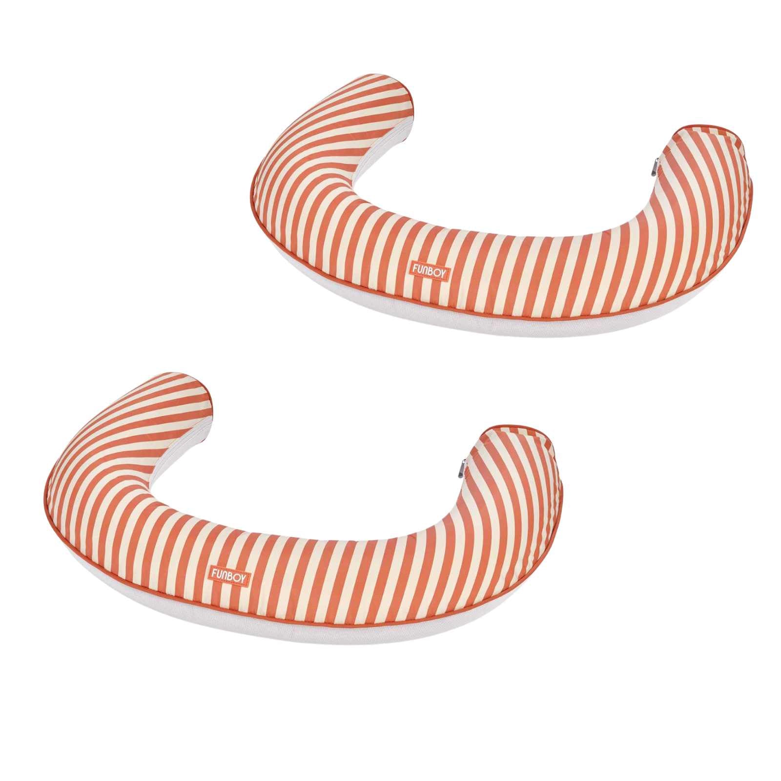 Two striped burnt orange inflatable noodles on a white background