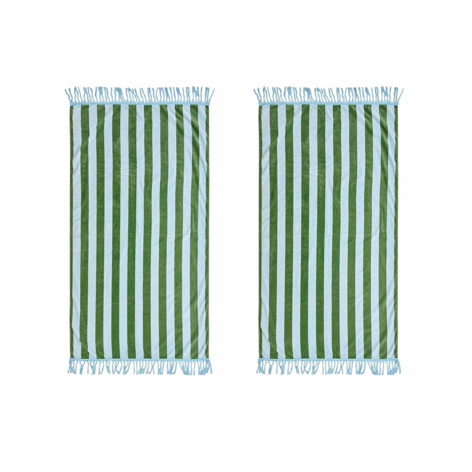Two green and white striped towels on a white background
