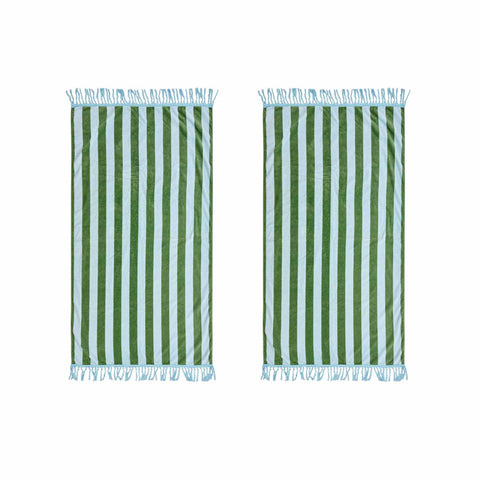 Two green and white striped towels on a white background