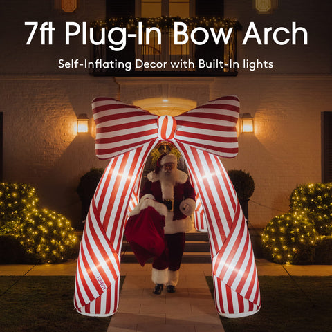 Self-Inflating Bow Arch Outdoor Chrismast Decor. Text overlay 7 ft plug-in bow arch