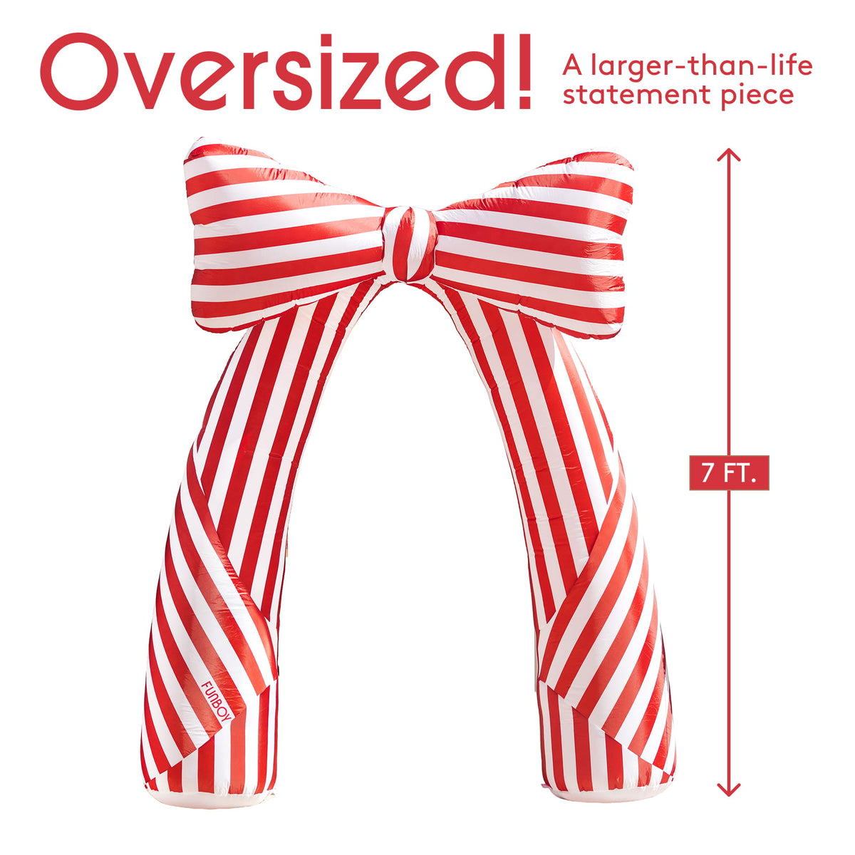 An oversized inflatable bow-shaped arch with red and white diagonal stripes, shown on a white background with promotional text reading 'Oversized!' and a height marker of 7 ft.