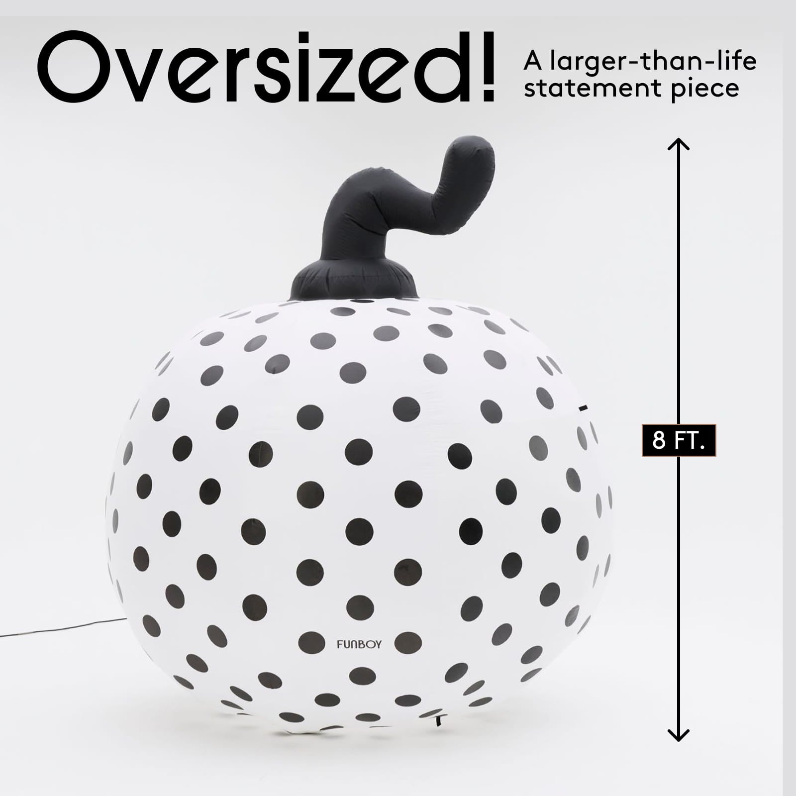 Inflatable pumpkin decoration with a white body covered in black polka dots and a dark gray stem, shown on a light gray background with text reading 'Oversized!' and a height marker of 8 ft.