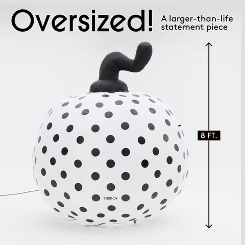 Inflatable pumpkin decoration with a white body covered in black polka dots and a dark gray stem, shown on a light gray background with text reading 'Oversized!' and a height marker of 8 ft.